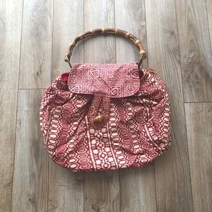 Red and white fabric tote from Anthropologie
